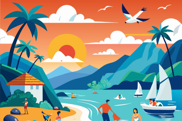 Amazing Summer Sea with People and Birds