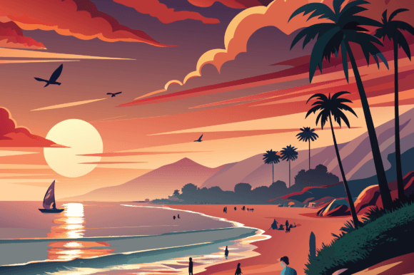 Beautiful Summer Sea with People Birds: A Versatile Digital Illustration for Creative Projects