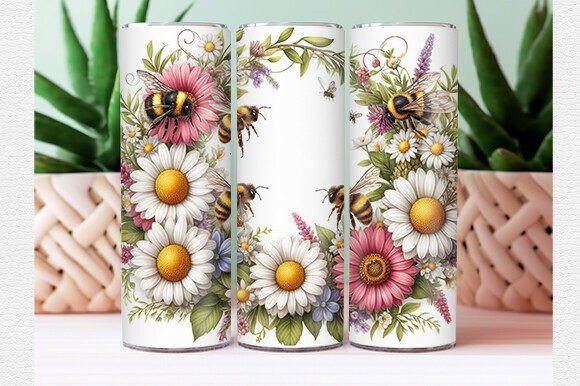 Bee Tumbler Wrap Flowers PNG