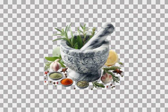 Marble Mortar with Different Herbs PNG – Design Asset for Creatives